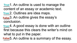___1. An outline is used to manage the
content of an essay or academic text.
___2. Outlines are idea maps.
___3. An outline gives the essay’s
conclusion.
___4. A good essay is done with an outline
first because this clears the writer’s mind on
what to put in the paper.
___5. An outline is a summary of the essay.
True
False
False
True
True
 