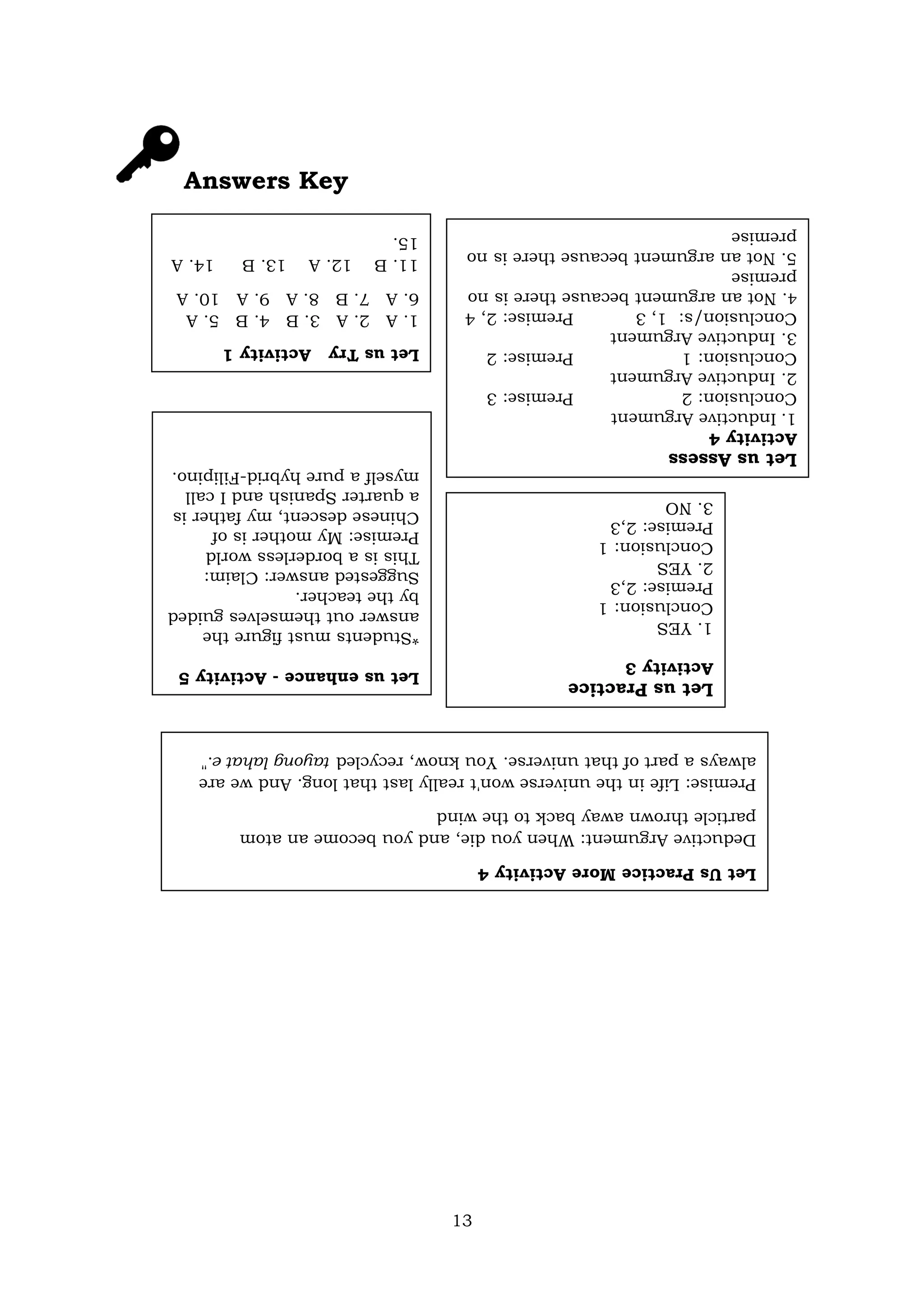 13
Answers Key
Let
us
Try
Activity
1
1.
A
2.
A
3.
B
4.
B
5.
A
6.
A
7.
B
8.
A
9.
A
10.
A
11.
B
12.
A
13.
B
14.
A
15.
Let
us
Assess
Activity
4
1.
Inductive
Argument
Conclusion:
2
Premise:
3
2.
Inductive
Argument
Conclusion:
1
Premise:
2
3.
Inductive
Argument
Conclusion/s:
1,
3
Premise:
2,
4
4
.
Not
an
argument
because
there
is
no
premise
5.
Not
an
argument
because
there
is
no
premise
Let
us
enhance
-
Activity
5
*Students
must
figure
the
answer
out
themselves
guided
by
the
teacher.
Suggested
answer:
Claim:
This
is
a
borderless
world
Premise:
My
mother
is
of
Chinese
descent,
my
father
is
a
quarter
Spanish
and
I
call
myself
a
pure
hybrid-Filipino.
Let
us
Practice
Activity
3
1.
YES
Conclusion:
1
Premise:
2,3
2.
YES
Conclusion:
1
Premise:
2,3
3.
NO
Let
Us
Practice
More
Activity
4
Deductive
Argument:
When
you
die,
and
you
become
an
atom
particle
thrown
away
back
to
the
wind
Premise:
Life
in
the
universe
won't
really
last
that
long.
And
we
are
always
a
part
of
that
universe.
You
know,
recycled
tayong
lahat
e."
 
