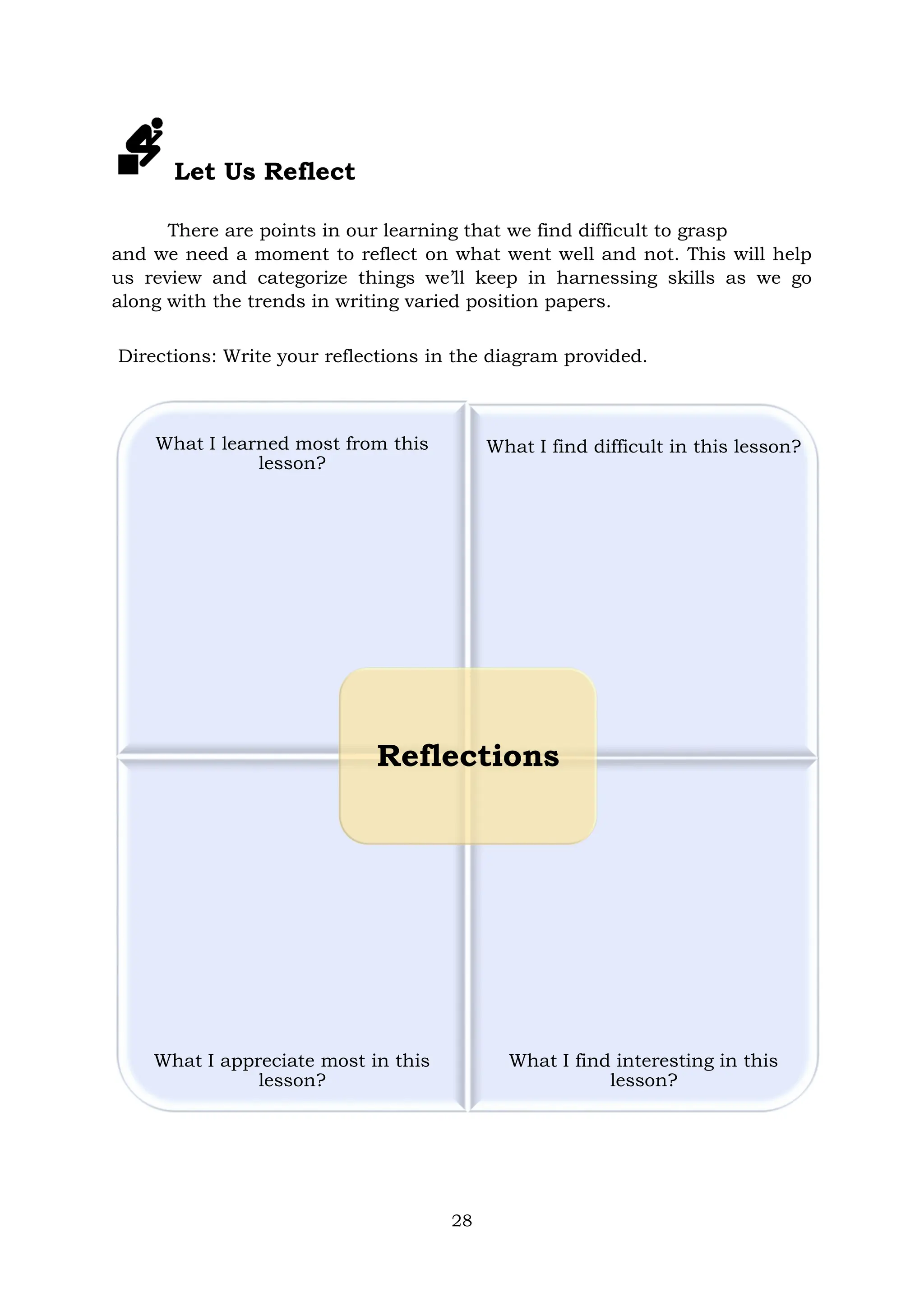 28
Let Us Reflect
There are points in our learning that we find difficult to grasp
and we need a moment to reflect on what went well and not. This will help
us review and categorize things we’ll keep in harnessing skills as we go
along with the trends in writing varied position papers.
Directions: Write your reflections in the diagram provided.
What I learned most from this
lesson?
What I find difficult in this lesson?
What I appreciate most in this
lesson?
What I find interesting in this
lesson?
Reflections
 