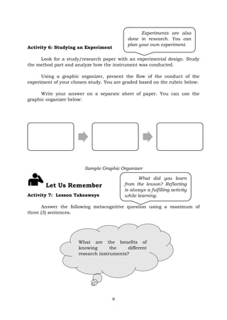 9
Activity 6: Studying an Experiment
Look for a study/research paper with an experimental design. Study
the method part and analyze how the instrument was conducted.
Using a graphic organizer, present the flow of the conduct of the
experiment of your chosen study. You are graded based on the rubric below:
Write your answer on a separate sheet of paper. You can use the
graphic organizer below:
Sample Graphic Organizer
Let Us Remember
Activity 7: Lesson Takeaways
Answer the following metacognitive question using a maximum of
three (3) sentences.
What are the benefits of
knowing the different
research instruments?
What did you learn
from the lesson? Reflecting
is always a fulfilling activity
while learning.
Experiments are also
done in research. You can
plan your own experiment.
 