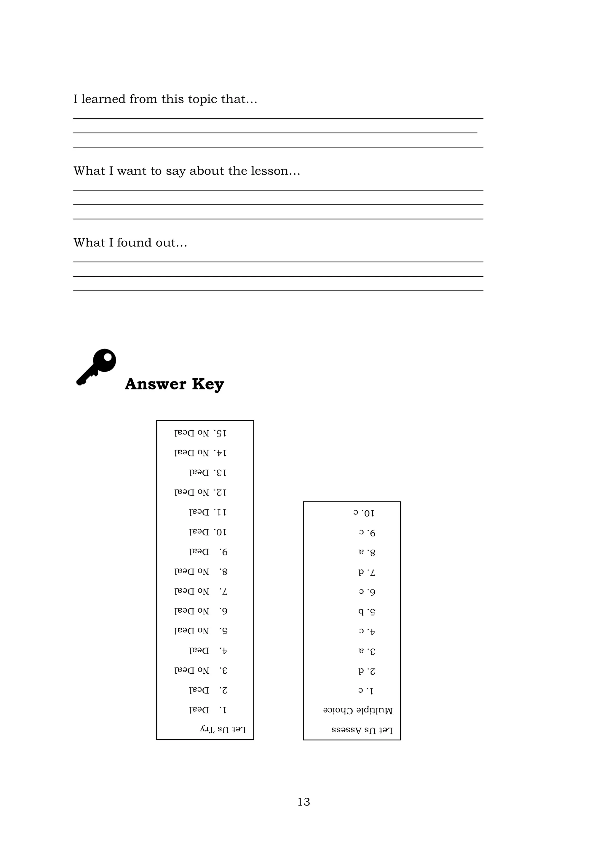 13
I learned from this topic that…
___________________________________________________________________
__________________________________________________________________
___________________________________________________________________
What I want to say about the lesson…
___________________________________________________________________
___________________________________________________________________
___________________________________________________________________
What I found out…
___________________________________________________________________
___________________________________________________________________
___________________________________________________________________
Answer Key
Let
Us
Try
1.
Deal
2.
Deal
3.
No
Deal
4.
Deal
5.
No
Deal
6.
No
Deal
7.
No
Deal
8.
No
Deal
9.
Deal
10.
Deal
11.
Deal
12.
No
Deal
13.
Deal
14.
No
Deal
15.
No
Deal
Let
Us
Assess
Multiple
Choice
1.
c
2.
d
3.
a
4.
c
5.
b
6.
c
7.
d
8.
a
9.
c
10.
c
 