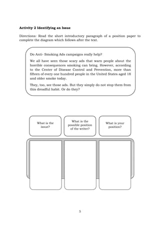5
Do Anti- Smoking Ads campaigns really help?
We all have seen those scary ads that warn people about the
horrible consequences smoking can bring. However, according
to the Center of Disease Control and Prevention, more than
fifteen of every one hundred people in the United States aged 18
and older smoke today.
They, too, see those ads. But they simply do not stop them from
this dreadful habit. Or do they?
Activity 2 Identifying an Issue
Directions: Read the short introductory paragraph of a position paper to
complete the diagram which follows after the text.
What is the
issue?
What is the
possible position
of the writer?
What is your
position?
 