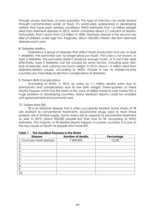 49
through viruses, bacteria, or even parasites. This type of infection can easily spread
through contaminated water or food. It’s particularly widespread in developing
nations that have poor sanitary conditions. WHO estimates that 1.5 million people
died from diarrheal diseases in 2012, which comprises about 2.7 percent of deaths.
Fortunately, that’s down from 2.2 million in 2000. Diarrheal disease is the second top
killer of children under age five. Tragically, about 760,000 children die from diarrheal
diseases each year.
8. Diabetes Mellitus
Diabetes is a group of diseases that affect insulin production and use. In type
1 diabetes, the pancreas can no longer produce insulin. The case is not known. In
type 2 diabetes, the pancreas doesn’t produce enough insulin, or it can’t be used
effectively. Type 2 Diabetes can be caused by some factors, including poor diet,
lack of exercise, and carrying too much weight. In 2012, about 1.5 million died from
diabetes-related causes, according to WHO. People In low to middle-income
countries are more likely to die from complications of diabetes.
9. Preterm Birth Complications
According to WHO, in 2012, as many as 1.1 million deaths were due to
prematurity and complications due to low birth weight. Three-quarters of these
deaths happen within the first week of life. Lack of skilled medical care makes this a
huge problem in developing countries. Many newborn deaths could be avoided
with good prenatal and postnatal care.
10. Tuberculosis (TB)
TB is an airborne disease that is often successfully treated. Some strains of TB
are resistant to conventional treatments. Second-line drugs used to treat these
patients are in limited supply. Some strains fail to respond to second-line treatment
as well. In 2012, about 900,000 people lost their lives to TB, according to WHO
estimates. The majority of TB-related deaths happen in poorer countries. It is one of
the top causes of death for people who have HIV.
Table 1 The Deadliest Diseases in the World
Disease Number of deaths Percentage
1. Coronary heart disease 7,400,000 13.2%
2.
3.
4.
5.
6.
7.
8.
9.
10.
 