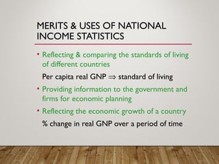 MERITS & USES OF NATIONAL
INCOME STATISTICS
• Reflecting & comparing the standards of living
of different countries
Per capita real GNP ⇒ standard of living
• Providing information to the government and
firms for economic planning
• Reflecting the economic growth of a country
% change in real GNP over a period of time
 