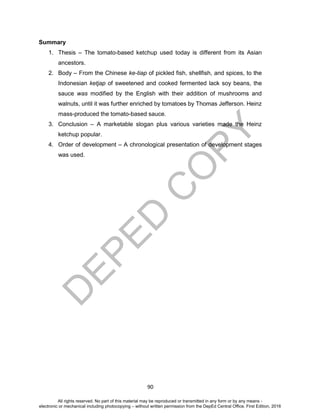 D
EPED
C
O
PY
90
Summary
1. Thesis – The tomato-based ketchup used today is different from its Asian
ancestors.
2. Body – From the Chinese ke-tiap of pickled fish, shellfish, and spices, to the
Indonesian ketjap of sweetened and cooked fermented lack soy beans, the
sauce was modified by the English with their addition of mushrooms and
walnuts, until it was further enriched by tomatoes by Thomas Jefferson. Heinz
mass-produced the tomato-based sauce.
3. Conclusion – A marketable slogan plus various varieties made the Heinz
ketchup popular.
4. Order of development – A chronological presentation of development stages
was used.
All rights reserved. No part of this material may be reproduced or transmitted in any form or by any means -
electronic or mechanical including photocopying – without written permission from the DepEd Central Office. First Edition, 2016
 