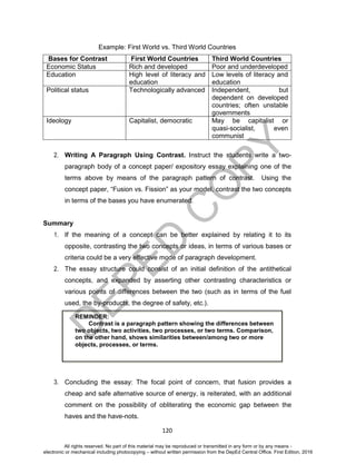 D
EPED
C
O
PY
120
Example: First World vs. Third World Countries
Bases for Contrast First World Countries Third World Countries
Economic Status Rich and developed Poor and underdeveloped
Education High level of literacy and
education
Low levels of literacy and
education
Political status Technologically advanced Independent, but
dependent on developed
countries; often unstable
governments
Ideology Capitalist, democratic May be capitalist or
quasi-socialist, even
communist
2. Writing A Paragraph Using Contrast. Instruct the students write a two-
paragraph body of a concept paper/ expository essay explaining one of the
terms above by means of the paragraph pattern of contrast. Using the
concept paper, “Fusion vs. Fission” as your model, contrast the two concepts
in terms of the bases you have enumerated.
Summary
1. If the meaning of a concept can be better explained by relating it to its
opposite, contrasting the two concepts or ideas, in terms of various bases or
criteria could be a very effective mode of paragraph development.
2. The essay structure could consist of an initial definition of the antithetical
concepts, and expanded by asserting other contrasting characteristics or
various points of differences between the two (such as in terms of the fuel
used, the by-products, the degree of safety, etc.).
3. Concluding the essay: The focal point of concern, that fusion provides a
cheap and safe alternative source of energy, is reiterated, with an additional
comment on the possibility of obliterating the economic gap between the
haves and the have-nots.
REMINDER:
Contrast is a paragraph pattern showing the differences between
two objects, two activities, two processes, or two terms. Comparison,
on the other hand, shows similarities between/among two or more
objects, processes, or terms.
All rights reserved. No part of this material may be reproduced or transmitted in any form or by any means -
electronic or mechanical including photocopying – without written permission from the DepEd Central Office. First Edition, 2016
 