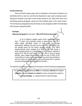 D
EPED
C
O
PY
126
Practice Exercise
Point out that the essay opens with an illustration, the practice of trading in an
old Barbie doll for a new one, and that this illustration is also used to develop a point.
Asking the students to go back to their thesis sentence, you make them think of an
interesting opening paragraph, using one of the methods given in the “quick review.”
This introductory paragraph(s) should employ an apt paragraph pattern that develops
the first given supporting detail.
Example:
Opening Paragraph for the topic: “Why CPA Promos Succeed”
A lot of Filipinos eagerly await CPA’s once-a-year “piso
fare.” To them, this promotion makes a dream come true for it
offers highly affordable airfare to both local and foreign
destinations. Making one peso as the base fare and adding only
the needed taxes for the choice vacation places, CPA offers
traveler-friendly fares, ranging from P499 to P6, 999 during a
given booking period for a whole year of travel period. Instead of
paying P10, 000 for local travel, and P30, 000 or more for going
abroad, many middle class Filipinos shell out only 10-50% of the
usual airfare in order to visit places they may have long wanted to
see but could not afford. Hence, this promotional fare is greatly
loved and awaited by many not-so-rich travelers.
The teacher may need to emphasize the functions of the introductory paragraph(s):
An introductory paragraph puts AIDA on a pedestal: attracts the readers’
attention, arouses interest and desire to read, and goads the reader to
act accordingly, i.e., goads him/her to read the paper.
All rights reserved. No part of this material may be reproduced or transmitted in any form or by any means -
electronic or mechanical including photocopying – without written permission from the DepEd Central Office. First Edition, 2016
 