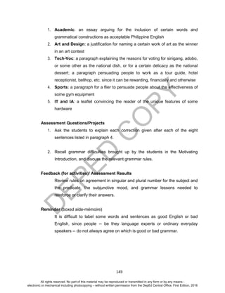 D
EPED
C
O
PY
149
1. Academic: an essay arguing for the inclusion of certain words and
grammatical constructions as acceptable Philippine English
2. Art and Design: a justification for naming a certain work of art as the winner
in an art contest
3. Tech-Voc: a paragraph explaining the reasons for voting for sinigang, adobo,
or some other as the national dish, or for a certain delicacy as the national
dessert; a paragraph persuading people to work as a tour guide, hotel
receptionist, bellhop, etc. since it can be rewarding, financially and otherwise
4. Sports: a paragraph for a flier to persuade people about the effectiveness of
some gym equipment
5. IT and IA: a leaflet convincing the reader of the unique features of some
hardware
Assessment Questions/Projects
1. Ask the students to explain each correction given after each of the eight
sentences listed in paragraph 4.
2. Recall grammar difficulties brought up by the students in the Motivating
Introduction, and discuss the relevant grammar rules.
Feedback (for activities)/ Assessment Results
Review rules on agreement in singular and plural number for the subject and
the predicate, the subjunctive mood, and grammar lessons needed to
reinforce or clarify their answers.
Reminder (boxed aide-mémoire)
It is difficult to label some words and sentences as good English or bad
English, since people -- be they language experts or ordinary everyday
speakers -- do not always agree on which is good or bad grammar.
All rights reserved. No part of this material may be reproduced or transmitted in any form or by any means -
electronic or mechanical including photocopying – without written permission from the DepEd Central Office. First Edition, 2016
 