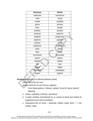D
EPED
C
O
PY
179
American British
maneuver manoeuvre
mold mould
omelet omelette
phony phoney
plow plough
practice practice
pretense pretence
program programme
pajamas pyjamas
pizzazz pzazz
skepticism scepticism
sheik sheikh
story storey
summarize summarise
siphon siphon
theater theatre
tire tyre
wagon wagon
worshiped worshipped
yogurt yoghurt
Vocabulary (adapted from Merriam-Webster online]
plethora [PLE tho ra], noun
plethoric [PLE tho ric/ ple THO ric], adjective
From Greek plethora, “fullness,” plethein “to be full” [plena “plenty”]
Meaning:
a. excess, superfluity, profusion, abundance
b. a bodily condition characterized by an excess of blood and marked by
turgescence and a florid complexion
c. turgescence [ter JE sens] -- distended, inflated, turgid, florid -- 1. red,
reddish, ruddy
All rights reserved. No part of this material may be reproduced or transmitted in any form or by any means -
electronic or mechanical including photocopying – without written permission from the DepEd Central Office. First Edition, 2016
 