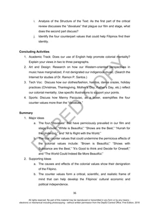 D
EPED
C
O
PY
36
i. Analysis of the Structure of the Text: As the first part of the critical
review discusses the “disvalues” that plague our film and stage, what
does the second part discuss?
j. Identify the four counterpart values that could help Filipinos find their
identity.
Concluding Activities
1. Academic Track: Does our use of English help promote colonial mentality?
Explain your views in two to three paragraphs.
2. Art and Design: Research on how our Western-oriented perspectives in
music have marginalized, if not denigrated our indigenous music. (Search the
Internet for studies of Dr. Ramon P. Santos.)
3. Tech Voc: Discuss how our clothes/fashion, hairdos, dance crazes, holiday
practices (Christmas, Thanksgiving, Mother’s Day, Father’s Day, etc.) reflect
our colonial mentality. Use specific illustrations to support your points.
4. Sports: Discuss how Manny Pacquiao, as a boxer, exemplifies the four
counter values more than the “disvalues.”
Summary
1. Major ideas
a. The four “disvalues” that have perniciously prevailed in our film and
stage include: “White is Beautiful,” “Shows are the Best,” “Hurrah for
the Underdog,” and “All Is Right with the World.”
b. The four counter values that could undermine the pernicious effects of
the colonial values include: “Brown is Beautiful,” “Shows with
Substance are the Best,” ”It’s Good to think and Decide for Oneself,”
and “The World Could Indeed Be More Beautiful.”
2. Supporting Ideas
a. The causes and effects of the colonial values show their denigration
of the Filipino.
b. The counter values form a critical, scientific, and realistic frame of
mind that can help develop the Filipinos’ cultural economic and
political independence.
All rights reserved. No part of this material may be reproduced or transmitted in any form or by any means -
electronic or mechanical including photocopying – without written permission from the DepEd Central Office. First Edition, 2016
 