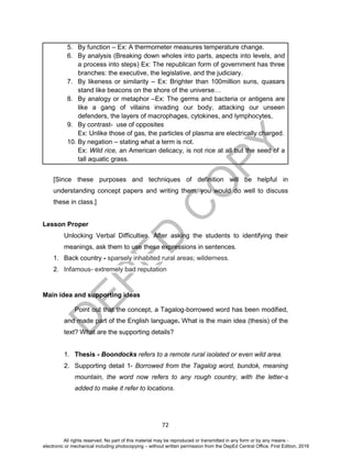 D
EPED
C
O
PY
72
5. By function – Ex: A thermometer measures temperature change.
6. By analysis (Breaking down wholes into parts, aspects into levels, and
a process into steps) Ex: The republican form of government has three
branches: the executive, the legislative, and the judiciary.
7. By likeness or similarity – Ex: Brighter than 100million suns, quasars
stand like beacons on the shore of the universe…
8. By analogy or metaphor –Ex: The germs and bacteria or antigens are
like a gang of villains invading our body, attacking our unseen
defenders, the layers of macrophages, cytokines, and lymphocytes,
9. By contrast- use of opposites
Ex: Unlike those of gas, the particles of plasma are electrically charged.
10. By negation – stating what a term is not.
Ex: Wild rice, an American delicacy, is not rice at all but the seed of a
tall aquatic grass.
[Since these purposes and techniques of definition will be helpful in
understanding concept papers and writing them, you would do well to discuss
these in class.]
Lesson Proper
Unlocking Verbal Difficulties. After asking the students to identifying their
meanings, ask them to use these expressions in sentences.
1. Back country - sparsely inhabited rural areas; wilderness.
2. Infamous- extremely bad reputation
Main idea and supporting ideas
Point out that the concept, a Tagalog-borrowed word has been modified,
and made part of the English language. What is the main idea (thesis) of the
text? What are the supporting details?
1. Thesis - Boondocks refers to a remote rural isolated or even wild area.
2. Supporting detail 1- Borrowed from the Tagalog word, bundok, meaning
mountain, the word now refers to any rough country, with the letter-s
added to make it refer to locations.
All rights reserved. No part of this material may be reproduced or transmitted in any form or by any means -
electronic or mechanical including photocopying – without written permission from the DepEd Central Office. First Edition, 2016
 