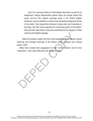 D
EPED
C
O
PY
77
Give this Learning Activity on Etymological Narratives as part of an
assignment: Asking relatives/older person about the stories behind the
words vis-à-vis their present meanings given in the Oxford English
Dictionary, ask the students to narrate more interesting background stories
of the words. Then request the students to share their word narratives to
the class. Ask their views regarding the continuing growth of the English.
Also ask them what factors could have contributed to the adoption of these
words by the English language.
Make the students realize that their brief paragraphs explaining the original
meanings and changed meanings of the Filipino words comprise mini concept
papers. How?
Make them analyze their paragraphs for their “core definitions” and for their
“expansions.” They could make their own visuals for these.
All rights reserved. No part of this material may be reproduced or transmitted in any form or by any means -
electronic or mechanical including photocopying – without written permission from the DepEd Central Office. First Edition, 2016
 