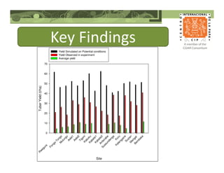Key Findings
Site
R
wegura
Fongo-TongoM
ulungu
Adet1
Adet2
TigoniKabukuKabete1Kabete2Antsirabe
Sussundenga
Kuru
KalengyereSuyianM
arigat
Bem
beke
TuberYield(t/ha)
0
10
20
30
40
50
60
70
Yield Simulated on Potential conditions
Yield Observed in experiment
Average yield
 