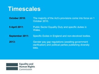 Timescales October 2010:    The majority of the Act’s provisions come into force on 1   October 2010.  5 April 2011 :    Public Sector Equality Duty and specific duties in    Wales.  September 2011:  Specific Duties in England and non-devolved bodies.  2013:    Gender pay gap regulations (awaiting government    clarification) and political parties publishing diversity   data.  