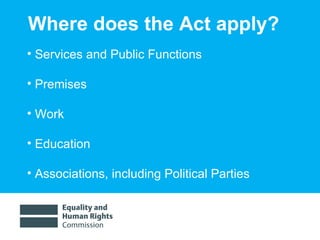 Where does the Act apply? Services and Public Functions Premises Work Education Associations, including Political Parties 