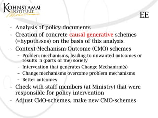 EE
• Analysis of policy documents
• Creation of concrete causal generative schemes
  (=hypotheses) on the basis of this analysis
• Context-Mechanism-Outcome (CMO) schemes
   – Problem mechanisms, leading to unwanted outcomes or
     results in (parts of the) society
   – Intervention that generates Change Mechanism(s)
   – Change mechanisms overcome problem mechanisms
   – Better outcomes
• Check with staff members (at Ministry) that were
  responsible for policy intervention
• Adjust CMO-schemes, make new CMO-schemes
 