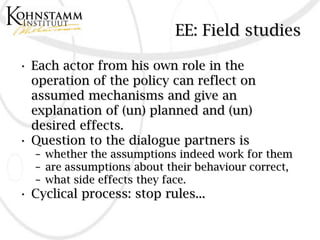 EE: Field studies

• Each actor from his own role in the
  operation of the policy can reflect on
  assumed mechanisms and give an
  explanation of (un) planned and (un)
  desired effects.
• Question to the dialogue partners is
  – whether the assumptions indeed work for them
  – are assumptions about their behaviour correct,
  – what side effects they face.
• Cyclical process: stop rules...
 