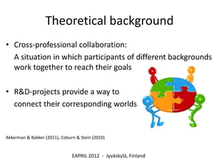 Theoretical background
• Cross-professional collaboration:
  A situation in which participants of different backgrounds
  work together to reach their goals

• R&D-projects provide a way to
  connect their corresponding worlds


Akkerman & Bakker (2011), Coburn & Stein (2010)


                               EAPRIL 2012 - Jyväskylä, Finland
 