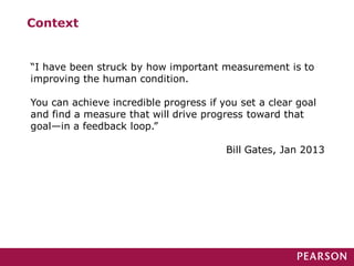 ―I have been struck by how important measurement is to
improving the human condition.
You can achieve incredible progress if you set a clear goal
and find a measure that will drive progress toward that
goal—in a feedback loop.‖
Bill Gates, Jan 2013
Context
 