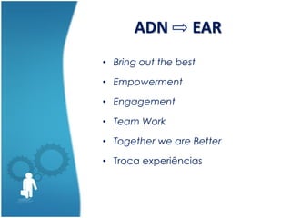 ADN EAR
• Bring out the best
• Empowerment
• Engagement
• Team Work
• Together we are Better
• Troca experiências
 