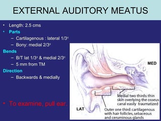 6
EXTERNAL AUDITORY MEATUS
• Length: 2.5 cms
• Parts
– Cartilagenous : lateral 1/3rd
– Bony: medial 2/3rd
Bends
– B/T lat 1/3rd
& medial 2/3rd
– 5 mm from TM
Direction
– Backwards & medially
• To examine, pull ear.
LAT
MED
 