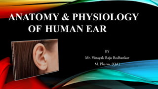 ANATOMY & PHYSIOLOGY
OF HUMAN EAR
BY
Mr. Vinayak Raju Bodhankar
M. Pharm. (QA)
 