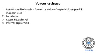 Venous drainage
1. Reteromandibular vein – formed by union of Superficial temporal &
maxillary vein
2. Facial vein
3. External jugular vein
4. Internal jugular vein
 