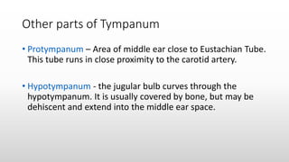 Other parts of Tympanum
• Protympanum – Area of middle ear close to Eustachian Tube.
This tube runs in close proximity to the carotid artery.
• Hypotympanum - the jugular bulb curves through the
hypotympanum. It is usually covered by bone, but may be
dehiscent and extend into the middle ear space.
 