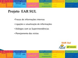 Projeto EAR SUL
•Trocas de informações internas
• Ligações e atualização de informações
• Diálogos com as Superintendências
• Planejamento das visitas