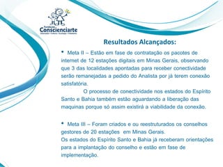 Resultados Alcançados:
• Meta II – Estão em fase de contratação os pacotes de
internet de 12 estações digitais em Minas Gerais, observando
que 3 das localidades apontadas para receber conectividade
serão remanejadas a pedido do Analista por já terem conexão
satisfatória.
O processo de conectividade nos estados do Espírito
Santo e Bahia também estão aguardando a liberação das
maquinas porque só assim existirá a viabilidade da conexão.
• Meta III – Foram criados e ou reestruturados os conselhos
gestores de 20 estações em Minas Gerais.
Os estados do Espírito Santo e Bahia já receberam orientações
para a implantação do conselho e estão em fase de
implementação.
 