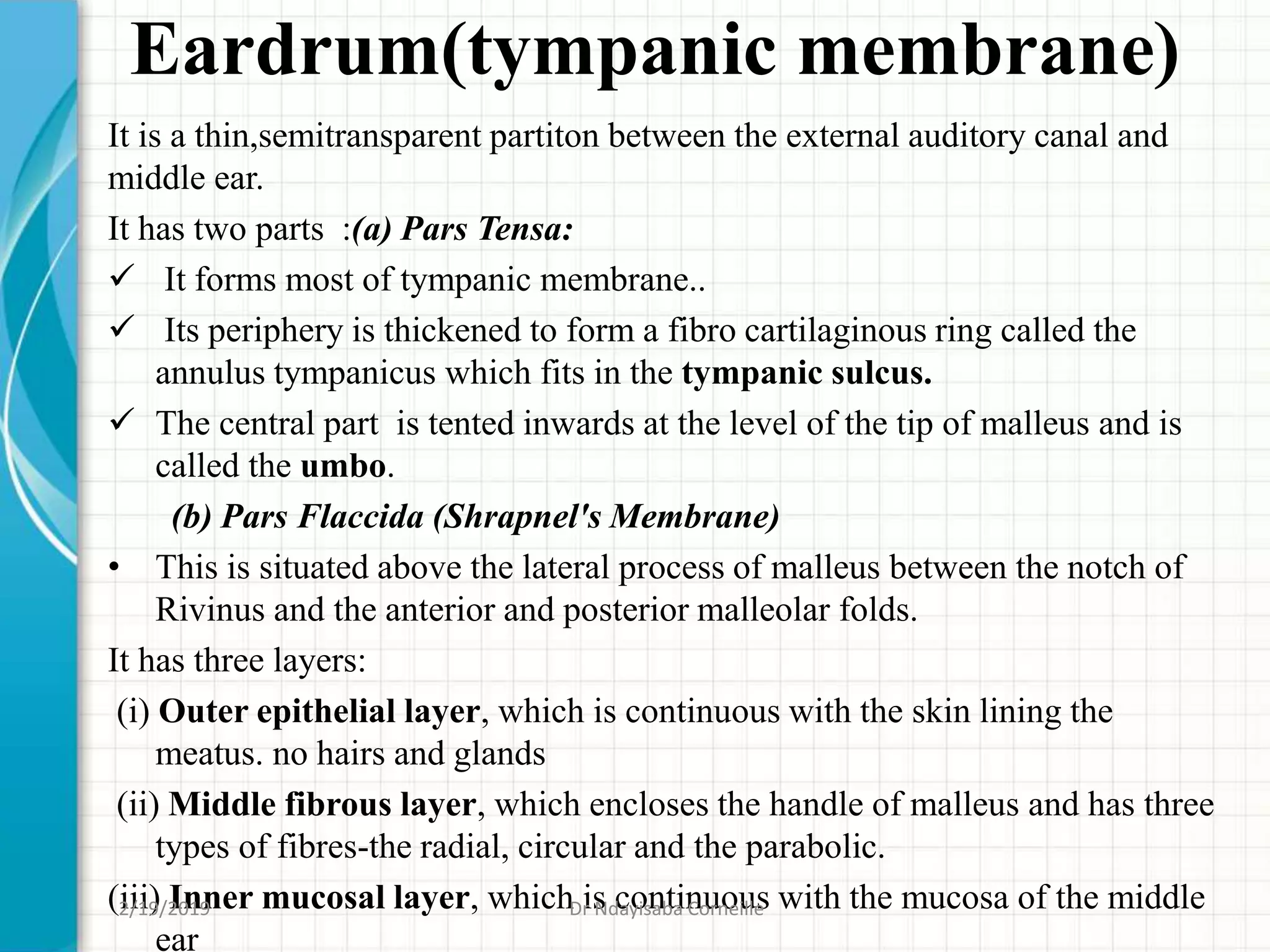 Eardrum(tympanic membrane)
It is a thin,semitransparent partiton between the external auditory canal and
middle ear.
It has two parts :(a) Pars Tensa:
 It forms most of tympanic membrane..
 Its periphery is thickened to form a fibro cartilaginous ring called the
annulus tympanicus which fits in the tympanic sulcus.
 The central part is tented inwards at the level of the tip of malleus and is
called the umbo.
(b) Pars Flaccida (Shrapnel's Membrane)
• This is situated above the lateral process of malleus between the notch of
Rivinus and the anterior and posterior malleolar folds.
It has three layers:
(i) Outer epithelial layer, which is continuous with the skin lining the
meatus. no hairs and glands
(ii) Middle fibrous layer, which encloses the handle of malleus and has three
types of fibres-the radial, circular and the parabolic.
(iii) Inner mucosal layer, which is continuous with the mucosa of the middle
ear
2/19/2019 Dr Ndayisaba Corneille
 