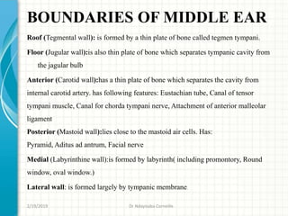 BOUNDARIES OF MIDDLE EAR
Roof (Tegmental wall): is formed by a thin plate of bone called tegmen tympani.
Floor (Jugular wall):is also thin plate of bone which separates tympanic cavity from
the jagular bulb
Anterior (Carotid wall):has a thin plate of bone which separates the cavity from
internal carotid artery. has following features: Eustachian tube, Canal of tensor
tympani muscle, Canal for chorda tympani nerve, Attachment of anterior malleolar
ligament
Posterior (Mastoid wall):lies close to the mastoid air cells. Has:
Pyramid, Aditus ad antrum, Facial nerve
Medial (Labyrinthine wall):is formed by labyrinth( including promontory, Round
window, oval window.)
Lateral wall: is formed largely by tympanic membrane.
2/19/2019 Dr Ndayisaba Corneille
 