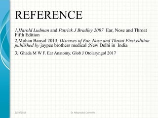 REFERENCE
1,Harold Ludman and Patrick J Bradley 2007 Ear, Nose and Throat
Fifth Edition
2,Mohan Bansal 2013 Diseases of Ear, Nose and Throat First edition
published by jaypee brothers medical ;New Delhi in India
3, Ghada M W F. Ear Anatomy. Glob J Otolaryngol 2017
2/19/2019 Dr Ndayisaba Corneille
 
