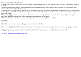 Removes undigested waste from the body.|
6.Urinary|Urinary bladder, kidney, ureter, urethra|Eliminates nitrogenous wastes from the body. Regulates water, electrolyte and acid
–based balance of
the blood.|
7.Skeletal |Bones, cartilages, tendons, ligaments and joints|Protects and supports body organs, and provides a framework the muscles use to cause
movement. Blood cells are formed within bones.|
8.Cardiovascular|Heart, blood vessels|Transports oxygen and nutrients to the cells and removes carbon dioxide and waste from the cells through blood.|
9.Nervous|Brain, spinal cord, nerves|As the fast acting control system of the body, it responds to internal and external changes by activating appropriate
muscles and glands.|
10.Integumentary |Epidermal and dermal regions and contains cutaneous sense organs|Forms the external body covering, and protects deeper tissues
from injury. Synthesizes vitamin D and houses cutaneous receptors and sweat and oil glands.|
11.Muscular |Skeletal muscles|Contracts and shortens to provide movement. Generates heat for the body|
QUESTION:
B.Describe how cells, tissues, organs, and organ systems are related to each other.
Cells are the building blocks of life. Groups of cells make up tissues. Groups of tissues make up organs. Groups of organs make up organ sysmtems.
A.A jogger steps into a pothole and sprains his ankle. Describe all of the organ systems that would be affected or involved in this
Get more content on HelpWriting.net
 