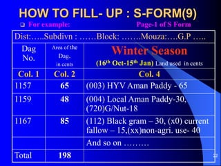 22
HOW TO FILL- UP : S-FORM(9)
? For example: Page-1 of S Form
Dist:..Subdivn : Block: .Mouza:.G.P ..
Dag
No.
Area of the
Dag.
in cents
Winter Season
(16th Oct-15th Jan) Land used in cents
Col. 1 Col. 2 Col. 4
1157 65 (003) HYV Aman Paddy - 65
1159 48 (004) Local Aman Paddy-30,
(720)G/Nut-18
1167 85 (112) Black gram C 30, (x0) current
fallow C 15,(xx)non-agri. use- 40
And so on 
Total 198
 