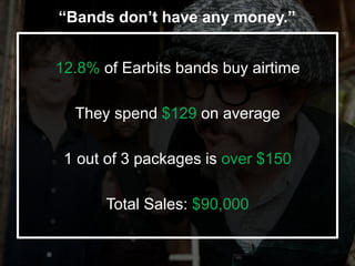 “Bands don’t have any money.”
12.8% of Earbits bands buy airtime
They spend $129 on average
1 out of 3 packages is over $1...