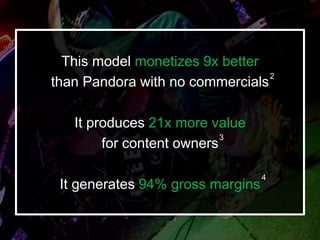 This model monetizes 9x better
than Pandora with no commercials
It produces 21x more value
for content owners
It generates...