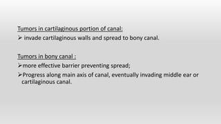 Tumors in cartilaginous portion of canal:
 invade cartilaginous walls and spread to bony canal.
Tumors in bony canal :
more effective barrier preventing spread;
Progress along main axis of canal, eventually invading middle ear or
cartilaginous canal.
 