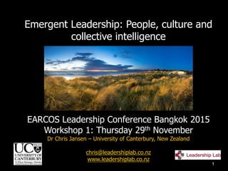 1
Emergent Leadership: People, culture and
collective intelligence
EARCOS Leadership Conference Bangkok 2015
Workshop 1: Thursday 29th November
Dr Chris Jansen – University of Canterbury, New Zealand
chris@leadershiplab.co.nz
www.leadershiplab.co.nz
 