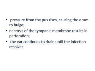 • pressure from the pus rises, causing the drum
to bulge;
• necrosis of the tympanic membrane results in
perforation;
• the ear continues to drain until the infection
resolves
 