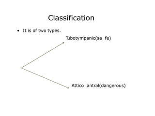 Classification
• It is of two types.
T
ubotympanic(sa fe)
Attico antral(dangerous)
 