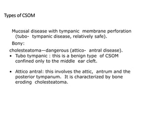 Types of CSOM
Mucosal disease with tympanic membrane perforation
(tubo- tympanic disease, relatively safe).
Bony:
cholesteatoma—dangerous (attico- antral disease).
• Tubo tympanic : this is a benign type of CSOM
confined only to the middle ear cleft.
• Attico antral: this involves the attic, antrum and the
posterior tympanum. It is characterized by bone
eroding cholesteatoma.
 