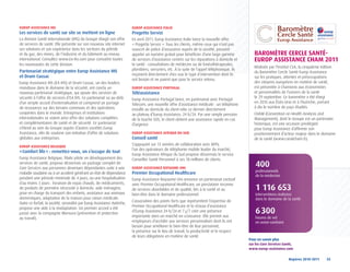 EuRop	AssistANCE	ihs                                                    EuRop	AssistANCE	itAliE
Les services de santé sur site se mettent en ligne                      Progetto Servizi
La division Santé Internationale (IHS) du Groupe élargit son offre      En avril 2011, Europ Assistance Italie lance la nouvelle offre
de services de santé. Elle présente sur son nouveau site internet       « Progetto Servizi ». Tous les clients, même ceux qui n’ont pas
ses solutions et son expérience dans les secteurs du pétrole            souscrit de police d’assurance auprès de la société, peuvent
et du gaz, des mines, de l’industrie et du bâtiment au niveau           appeler un numéro gratuit pour bénéficier d’une large gamme              bARoMètRE	CERClE	sANté-
international. Consultez www.ea-ihs.com pour connaître toutes           de services d’assistance centrés sur les réparations à domicile et       EuRop	AssistANCE	ChAM	2011
les nouveautés de cette division.                                       la santé : consultations de médecins ou de kinésithérapeutes,
                                                                                                                                                 Réalisée par l’Institut CSA, la cinquième édition
Partenariat stratégique entre Europ Assistance IHS                      plombiers, serruriers, etc. À la suite de l’appel téléphonique, ils
                                                                                                                                                 du Baromètre Cercle Santé-Europ Assistance
et Drum Cussac                                                          reçoivent directement chez eux le type d’intervention dont ils
                                                                                                                                                 sur les pratiques, attentes et préoccupations
                                                                        ont besoin et ne paient que pour le service retenu.
Europ Assistance IHS (EA IHS) et Drum Cussac, un des leaders                                                                                     des citoyens européens en matière de santé,
mondiaux dans le domaine de la sécurité, ont conclu un                  EuRop	AssistANCE	poRtugAl                                                est présentée à Chamonix aux économistes
nouveau partenariat stratégique, qui ajoute des services de             Téléassistance                                                           et personnalités de l’univers de la santé
sécurité à l’offre de services d’EA IHS. Ce partenariat va au-delà                                                                               le 29 septembre. Ce baromètre a été élargi
                                                                        Europ Assistance Portugal lance, en partenariat avec Portugal
d’un simple accord d’externalisation et comprend un partage                                                                                      en 2010 aux États-Unis et à l’Autriche, portant
                                                                        Telecom, une nouvelle offre d’assistance médicale : un téléphone
de ressources sur des terrains communs et des opérations                                                                                         à dix le nombre de pays étudiés.
                                                                        installé au domicile du client relie ce dernier directement
conjointes dans le monde. Entreprises et institutions                   au plateau d’Europ Assistance, 24 h/24. Par une simple pression          CHAM (Convention on Health Analysis and
internationales se voient ainsi offrir des solutions complètes          de la touche SOS, le client obtient une assistance rapide en cas         Management), dont le Groupe est un partenaire
et complémentaires de santé et de sécurité. Ce partenariat              d’urgence.                                                               historique, est une occasion privilégiée
s’étend au sein du Groupe auprès d’autres sociétés Europ                                                                                         pour Europ Assistance d’affirmer son
Assistance, afin de soutenir son initiative d’offre de solutions        EuRop	AssistANCE	AfRiquE	du	sud                                          positionnement d’acteur majeur dans le domaine
globales aux entreprises.                                               Conseil santé                                                            de la santé (www.canalcham.fr).
EuRop	AssistANCE	bElgiquE
                                                                        S’appuyant sur 13 années de collaboration avec MTN,
                                                                        l’un des opérateurs de téléphonie mobile leader du marché,
« Comfort life » : remettez-vous, on s’occupe de tout
                                                                        Europ Assistance Afrique du Sud propose désormais le service
Europ Assistance Belgique, filiale pilote en développement des          Conseiller Santé Personnel à ses 18 millions de clients.
services de santé, propose désormais un package complet de
Care Services aux personnes devenues dépendantes suite à une            EuRop	AssistANCE	RoyAuME-uNi
                                                                                                                                                  400
                                                                                                                                                  professionnels
maladie soudaine ou à un accident générant un état de dépendance        Premier Occupational Healthcare
                                                                                                                                                  de la médecine
pendant une période minimale de 4 jours, ou une hospitalisation         Europ Assistance Royaume-Uni annonce un partenariat exclusif
d’au moins 3 jours : livraison de repas chauds, de médicaments,         avec Premier Occupational Healthcare, un prestataire reconnu
de produits de première nécessité à domicile, aide ménagère,
prise en charge du transport des enfants, assistance aux animaux
                                                                        de services abordables et de qualité, liés à la santé et au               1	116	653	
                                                                        bien-être dans le domaine professionnel.                                  interventions réalisées
domestiques, adaptation de la maison pour raison médicale.                                                                                        dans le domaine de la santé
                                                                        L’association des points forts que représentent l’expertise de
Outre ce forfait, la société, secondée par Europ Assistance Autriche,
                                                                        Premier Occupational Healthcare et le réseau d’assistance
propose une aide à la réadaptation. Un premier accord a été
passé avec la compagnie Mensura (prévention et protection
                                                                        d’Europ Assistance 24 h/24 et 7 j/7 crée une présence
                                                                        importante dans un marché en croissance. Elle permet aux
                                                                                                                                                  6	300
au travail).                                                                                                                                      heures de vol
                                                                        employeurs d’accéder aux services personnalisés dont ils ont              en avion sanitaire
                                                                        besoin pour améliorer le bien-être de leur personnel,
                                                                        la présence sur le lieu de travail, la productivité et le respect
                                                                        de leurs obligations en matière de santé.
                                                                                                                                              Pour en savoir plus
                                                                                                                                              sur les Care Services Santé,
                                                                                                                                              www.europ-assistance.com

                                                                                                                                                                       Repères	2010-2011	 	 25
 