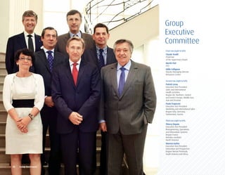 Group
                         Executive
                         Committee
                         Front row (right to left):
                         Claude Tendil
                         Chairman
                         of the Supervisory Board
                         Martin Vial
                         CEO
                         Odile Collignon
                         Deputy Managing Director
                         Resources Centre

                         Second row (right to left):
                         Patrick leroy
                         Executive Vice-President
                         Sales and international
                         Health activities
                         Region UK, Northern, Central
                         and Eastern Europe, Middle East,
                         Asia and Oceania
                         Paolo Frapiccini
                         Executive Vice-President
                         Marketing and international Sales
                         Region Italy, Germany,
                         Switzerland, Austria

                         Third row (right to left):
                         Thierry Depois
                         Executive Vice-President
                         Reengineering, Operations
                         and Information Systems
                         Region France
                         Benelux countries
                         North America
                         Manrico Iachia
                         Executive Vice-President
                         Innovation and Prospective
                         Region Iberian Peninsula,
                         South America and Africa.




28	 	 Europ	Assistance
 