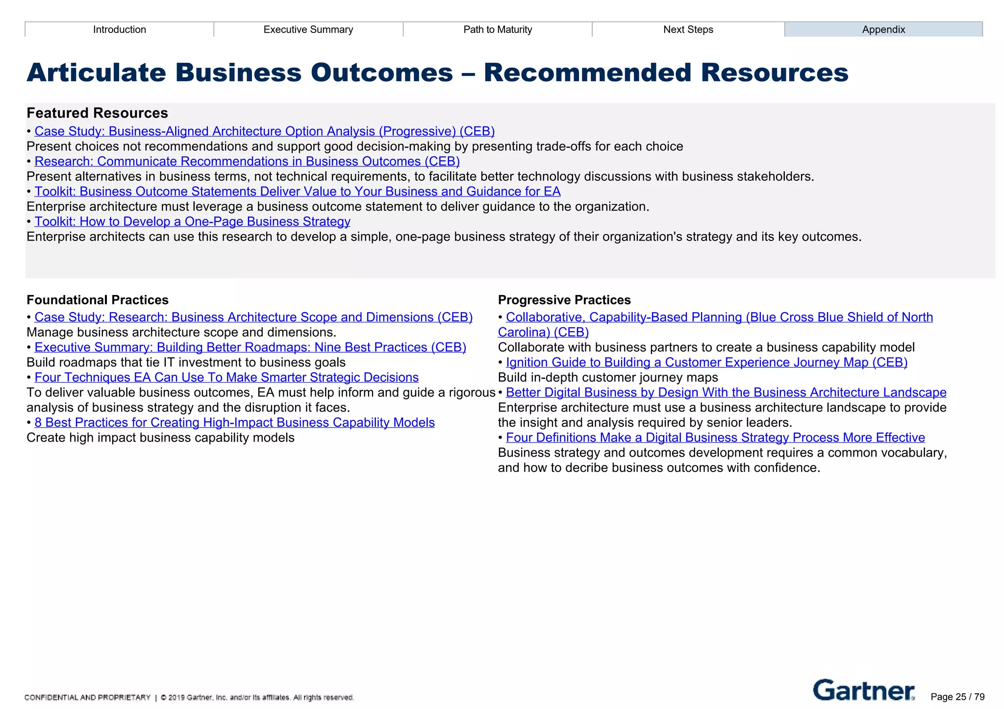 Introduction Executive Summary Path to Maturity Next Steps Appendix
Articulate Business Outcomes – Recommended Resources
Featured Resources
• Case Study: Business­Aligned Architecture Option Analysis (Progressive) (CEB)
Present choices not recommendations and support good decision­making by presenting trade­offs for each choice
• Research: Communicate Recommendations in Business Outcomes (CEB)
Present alternatives in business terms, not technical requirements, to facilitate better technology discussions with business stakeholders.
• Toolkit: Business Outcome Statements Deliver Value to Your Business and Guidance for EA
Enterprise architecture must leverage a business outcome statement to deliver guidance to the organization.
• Toolkit: How to Develop a One­Page Business Strategy
Enterprise architects can use this research to develop a simple, one­page business strategy of their organization's strategy and its key outcomes.
Foundational Practices Progressive Practices
• Case Study: Research: Business Architecture Scope and Dimensions (CEB)
Manage business architecture scope and dimensions.
• Executive Summary: Building Better Roadmaps: Nine Best Practices (CEB)
Build roadmaps that tie IT investment to business goals
• Four Techniques EA Can Use To Make Smarter Strategic Decisions
To deliver valuable business outcomes, EA must help inform and guide a rigorous
analysis of business strategy and the disruption it faces.
• 8 Best Practices for Creating High­Impact Business Capability Models
Create high impact business capability models
• Collaborative, Capability­Based Planning (Blue Cross Blue Shield of North
Carolina) (CEB)
Collaborate with business partners to create a business capability model
• Ignition Guide to Building a Customer Experience Journey Map (CEB)
Build in­depth customer journey maps
• Better Digital Business by Design With the Business Architecture Landscape
Enterprise architecture must use a business architecture landscape to provide
the insight and analysis required by senior leaders.
• Four Definitions Make a Digital Business Strategy Process More Effective
Business strategy and outcomes development requires a common vocabulary,
and how to decribe business outcomes with confidence.
Introduction Executive Summary Path to Maturity Next Steps Appendix
Identify Innovation Opportunities
How EA collaborates with stakeholders to source ideas for innovation
Path to Maturity
Page 25 / 79
 