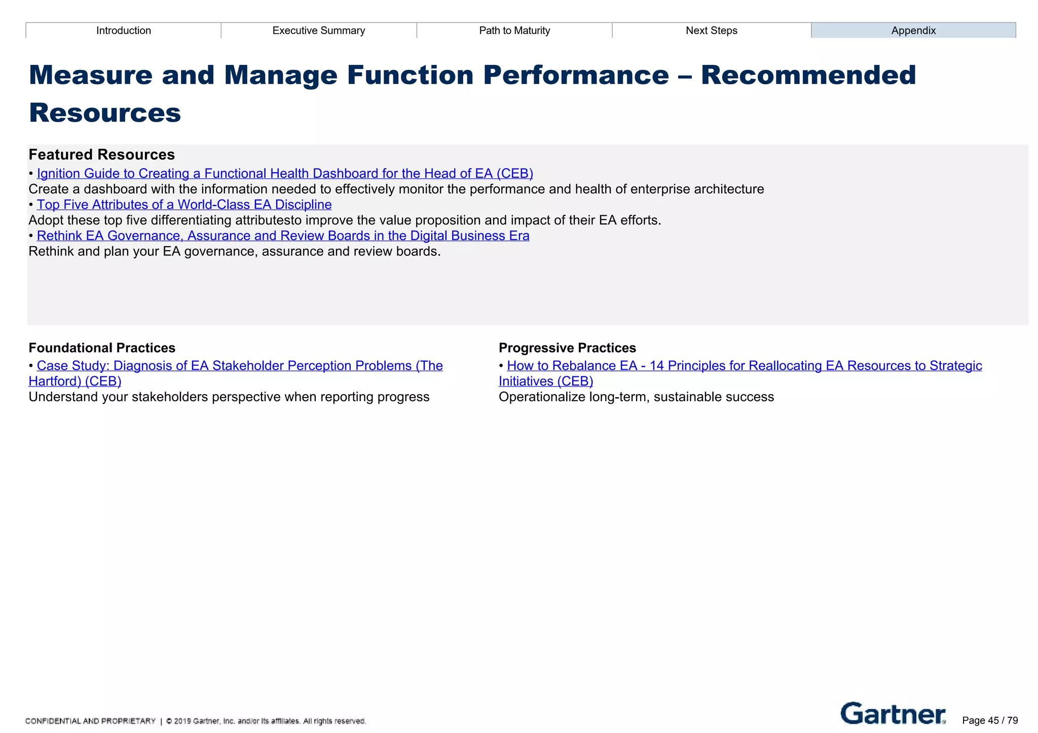 Introduction Executive Summary Path to Maturity Next Steps Appendix
Measure and Manage Function Performance – Recommended
Resources
Featured Resources
• Ignition Guide to Creating a Functional Health Dashboard for the Head of EA (CEB)
Create a dashboard with the information needed to effectively monitor the performance and health of enterprise architecture
• Top Five Attributes of a World­Class EA Discipline
Adopt these top five differentiating attributesto improve the value proposition and impact of their EA efforts.
• Rethink EA Governance, Assurance and Review Boards in the Digital Business Era
Rethink and plan your EA governance, assurance and review boards.
Foundational Practices Progressive Practices
• Case Study: Diagnosis of EA Stakeholder Perception Problems (The
Hartford) (CEB)
Understand your stakeholders perspective when reporting progress
• How to Rebalance EA ­ 14 Principles for Reallocating EA Resources to Strategic
Initiatives (CEB)
Operationalize long­term, sustainable success
Introduction Executive Summary Path to Maturity Next Steps Appendix
Develop and Maintain Roadmaps
How EA provides a consistent framework to align technology investments with IT and business objectives
Page 45 / 79
 