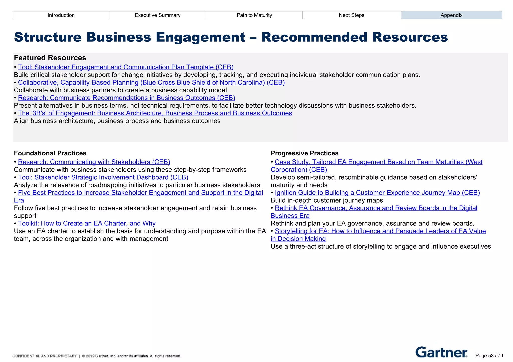 Introduction Executive Summary Path to Maturity Next Steps Appendix
Structure Business Engagement – Recommended Resources
Featured Resources
• Tool: Stakeholder Engagement and Communication Plan Template (CEB)
Build critical stakeholder support for change initiatives by developing, tracking, and executing individual stakeholder communication plans.
• Collaborative, Capability­Based Planning (Blue Cross Blue Shield of North Carolina) (CEB)
Collaborate with business partners to create a business capability model
• Research: Communicate Recommendations in Business Outcomes (CEB)
Present alternatives in business terms, not technical requirements, to facilitate better technology discussions with business stakeholders.
• The '3B's' of Engagement: Business Architecture, Business Process and Business Outcomes
Align business architecture, business process and business outcomes
Foundational Practices Progressive Practices
• Research: Communicating with Stakeholders (CEB)
Communicate with business stakeholders using these step­by­step frameworks
• Tool: Stakeholder Strategic Involvement Dashboard (CEB)
Analyze the relevance of roadmapping initiatives to particular business stakeholders
• Five Best Practices to Increase Stakeholder Engagement and Support in the Digital
Era
Follow five best practices to increase stakeholder engagement and retain business
support
• Toolkit: How to Create an EA Charter, and Why
Use an EA charter to establish the basis for understanding and purpose within the EA
team, across the organization and with management
• Case Study: Tailored EA Engagement Based on Team Maturities (West
Corporation) (CEB)
Develop semi­tailored, recombinable guidance based on stakeholders'
maturity and needs
• Ignition Guide to Building a Customer Experience Journey Map (CEB)
Build in­depth customer journey maps
• Rethink EA Governance, Assurance and Review Boards in the Digital
Business Era
Rethink and plan your EA governance, assurance and review boards.
• Storytelling for EA: How to Influence and Persuade Leaders of EA Value
in Decision Making
Use a three­act structure of storytelling to engage and influence executives
Introduction Executive Summary Path to Maturity Next Steps Appendix
Enable Innovation Initiatives
How EA collects, promotes, assesses and helps implement innovation ideas for stakeholders
Path to Maturity
Page 53 / 79
 