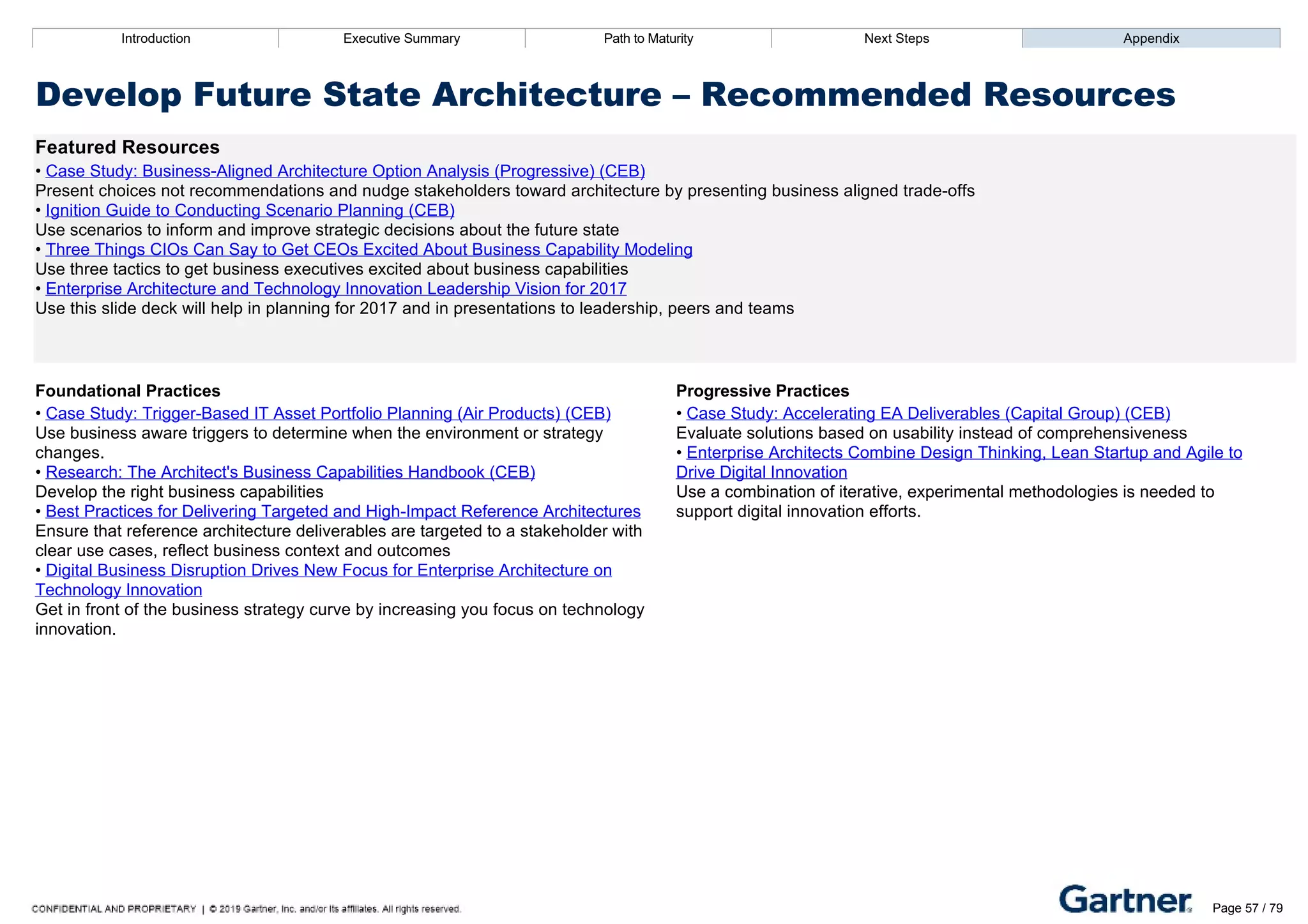 Introduction Executive Summary Path to Maturity Next Steps Appendix
Develop Future State Architecture – Recommended Resources
Featured Resources
• Case Study: Business­Aligned Architecture Option Analysis (Progressive) (CEB)
Present choices not recommendations and nudge stakeholders toward architecture by presenting business aligned trade­offs
• Ignition Guide to Conducting Scenario Planning (CEB)
Use scenarios to inform and improve strategic decisions about the future state
• Three Things CIOs Can Say to Get CEOs Excited About Business Capability Modeling
Use three tactics to get business executives excited about business capabilities
• Enterprise Architecture and Technology Innovation Leadership Vision for 2017
Use this slide deck will help in planning for 2017 and in presentations to leadership, peers and teams
Foundational Practices Progressive Practices
• Case Study: Trigger­Based IT Asset Portfolio Planning (Air Products) (CEB)
Use business aware triggers to determine when the environment or strategy
changes.
• Research: The Architect's Business Capabilities Handbook (CEB)
Develop the right business capabilities
• Best Practices for Delivering Targeted and High­Impact Reference Architectures
Ensure that reference architecture deliverables are targeted to a stakeholder with
clear use cases, reflect business context and outcomes
• Digital Business Disruption Drives New Focus for Enterprise Architecture on
Technology Innovation
Get in front of the business strategy curve by increasing you focus on technology
innovation.
• Case Study: Accelerating EA Deliverables (Capital Group) (CEB)
Evaluate solutions based on usability instead of comprehensiveness
• Enterprise Architects Combine Design Thinking, Lean Startup and Agile to
Drive Digital Innovation
Use a combination of iterative, experimental methodologies is needed to
support digital innovation efforts.
Introduction Executive Summary Path to Maturity Next Steps Appendix
Manage Cross­Functional Relationships
How EA interacts with business partners and IT staff to coordinate the prioritization, planning and execution of EA
activities to achieve business goals
Path to Maturity Page 57 / 79
 