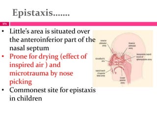 Epistaxis…….
276
• Little’s area is situated over
the anteroinferior part of the
nasal septum
• Prone for drying (effect of
inspired air ) and
microtrauma by nose
picking
• Commonest site for epistaxis
in children
 