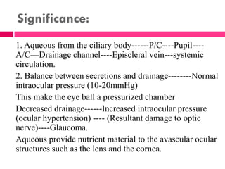 Significance:
1. Aqueous from the ciliary body------P/C----Pupil----
A/C—Drainage channel----Episcleral vein---systemic
circulation.
2. Balance between secretions and drainage--------Normal
intraocular pressure (10-20mmHg)
This make the eye ball a pressurized chamber
Decreased drainage------Increased intraocular pressure
(ocular hypertension) ---- (Resultant damage to optic
nerve)----Glaucoma.
Aqueous provide nutrient material to the avascular ocular
structures such as the lens and the cornea.
 